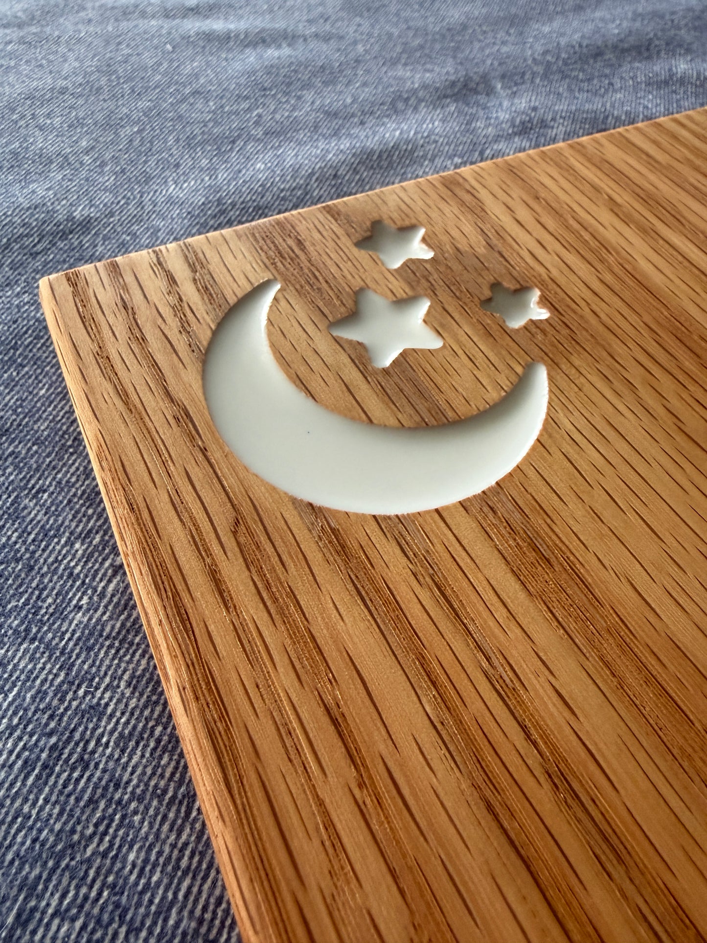 Red Oak Charcuterie Board with Resin Moon, Stars & Evergreen Inlays – Handmade Cheese Serving Gift
