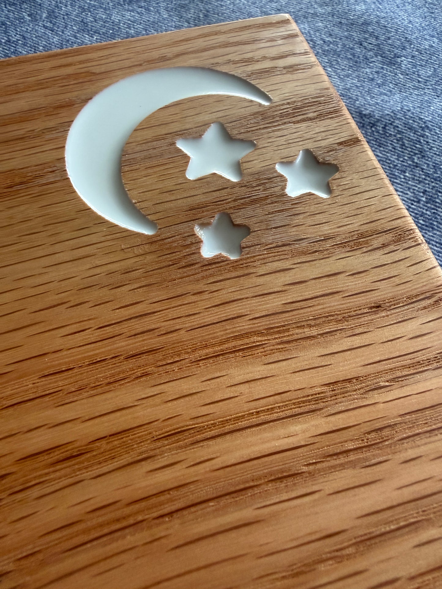 Red Oak Charcuterie Board with Resin Moon, Stars & Evergreen Inlays – Handmade Cheese Serving Gift