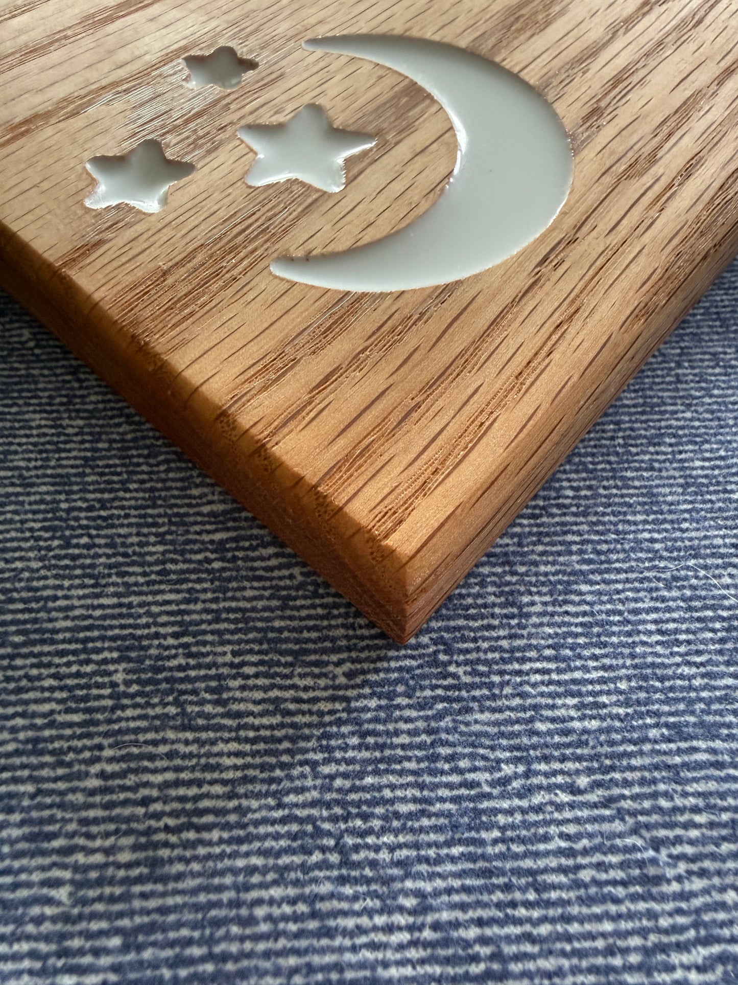 Red Oak Charcuterie Board with Resin Moon, Stars & Evergreen Inlays – Handmade Cheese Serving Gift