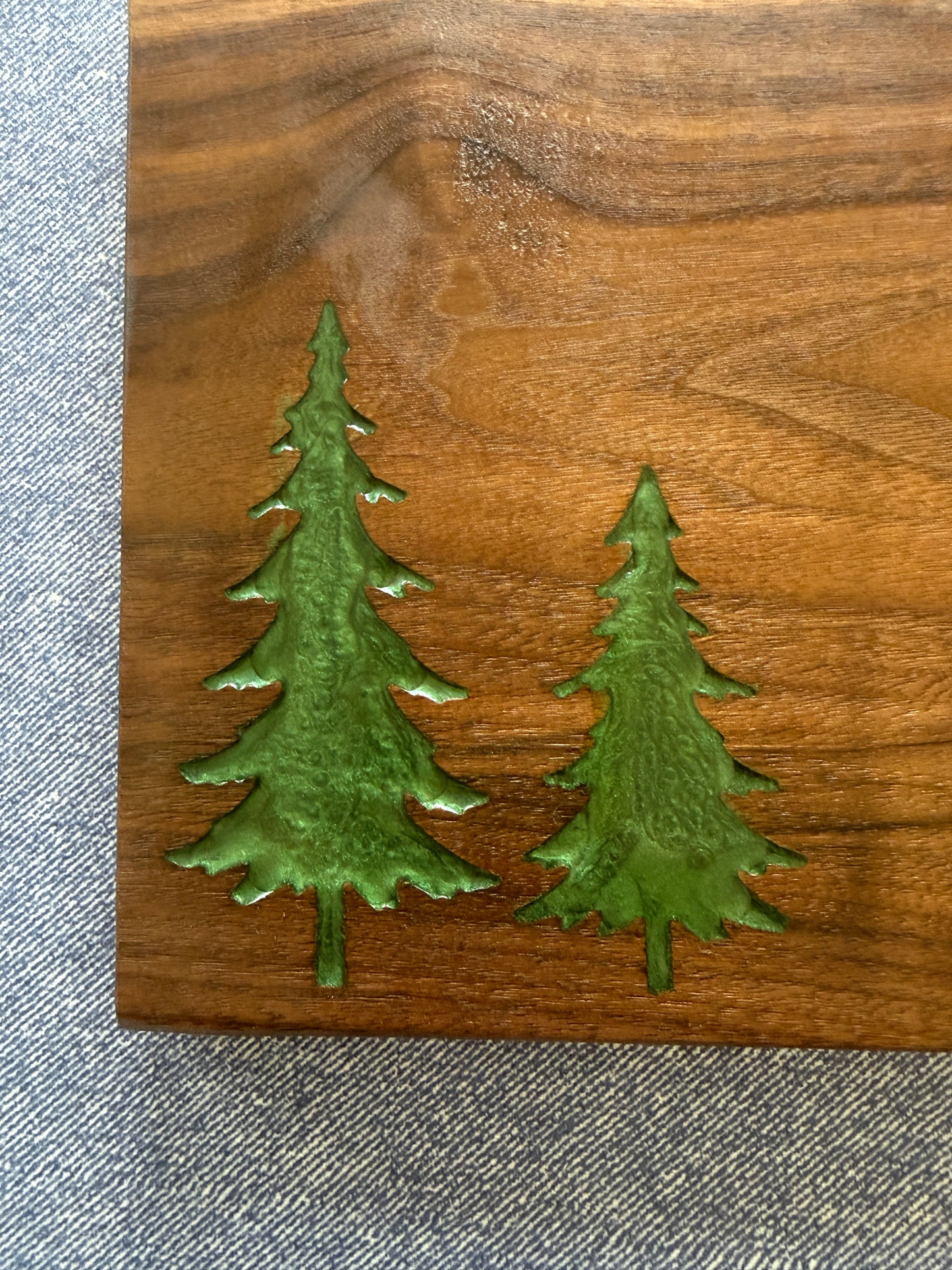 Handmade Walnut Charcuterie Board – Green Epoxy Evergreen Tree Inlay