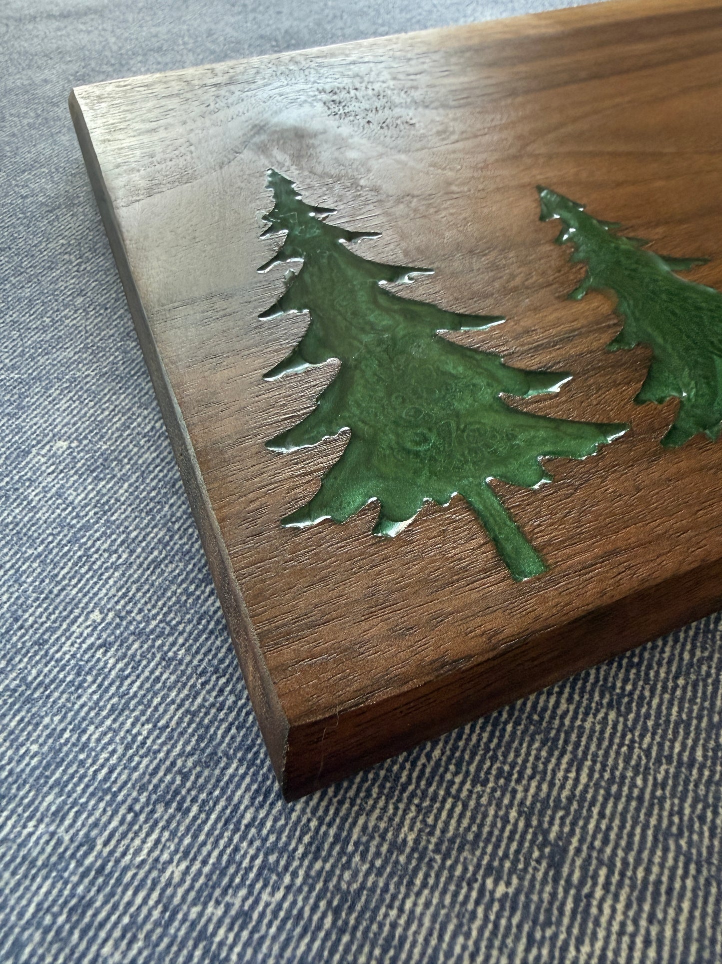 Handmade Walnut Charcuterie Board – Green Epoxy Evergreen Tree Inlay