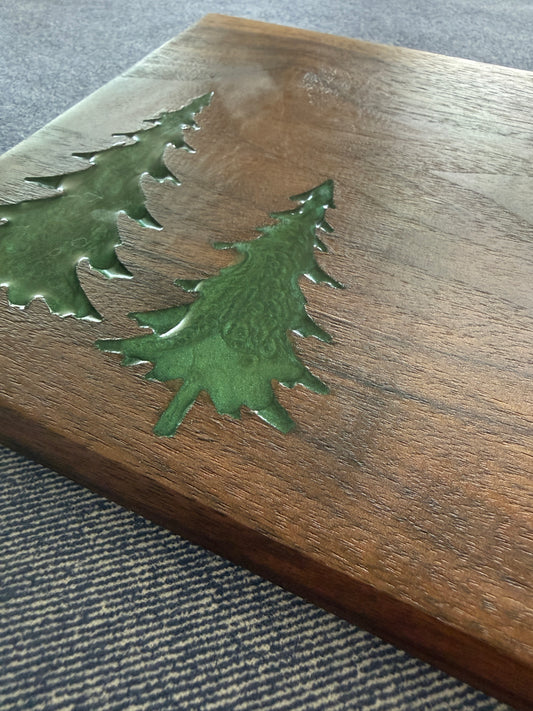 Handmade Walnut Charcuterie Board – Green Epoxy Evergreen Tree Inlay