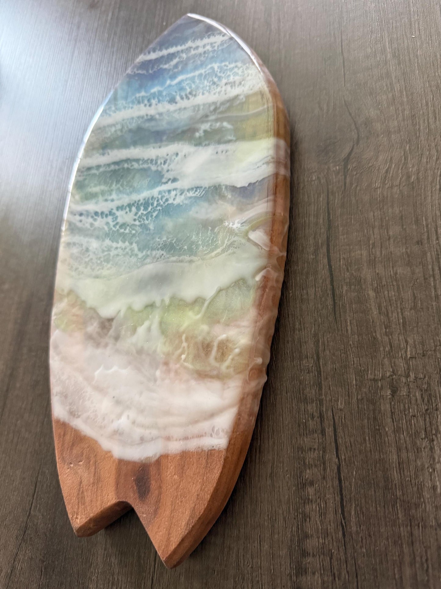 Surfboard Charcuterie Board with Ocean Resin Waves | Handmade Beach House Decor