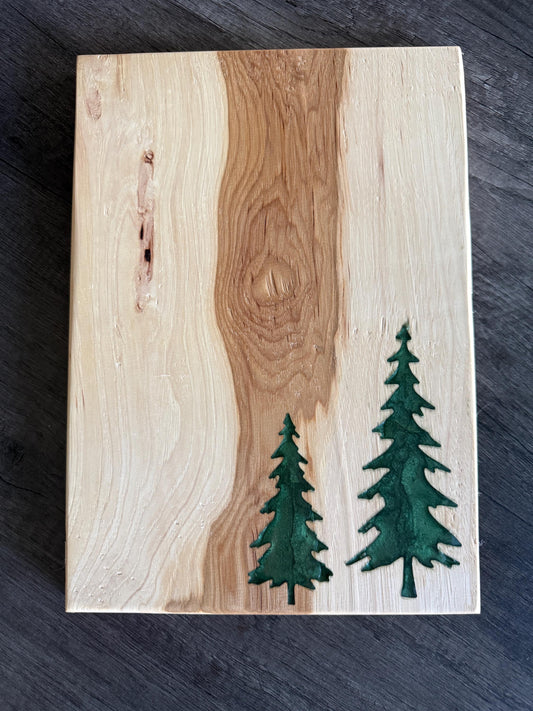 Handmade Hickory Charcuterie Board – Green Epoxy Evergreen Tree Inlay