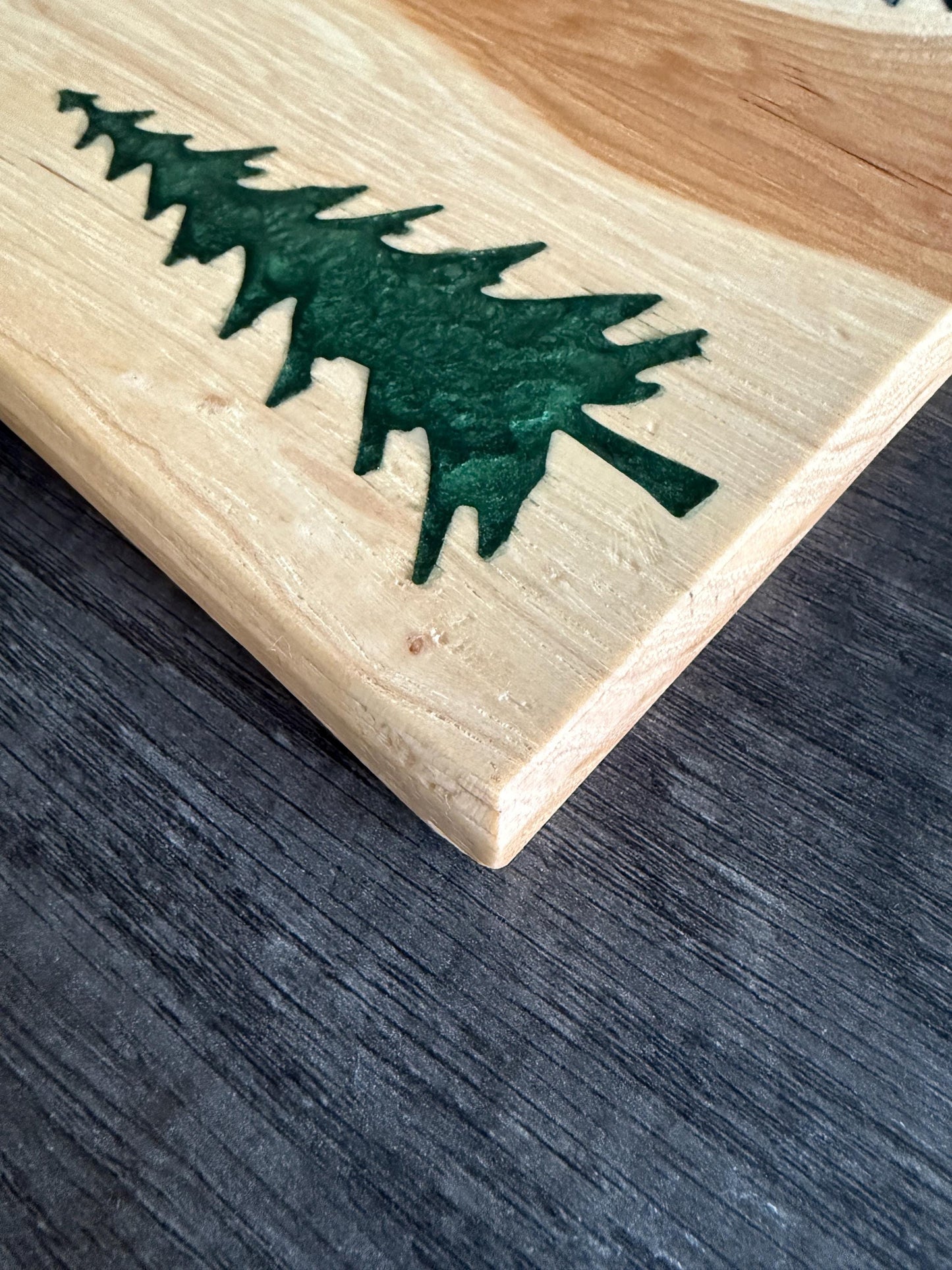Handmade Hickory Charcuterie Board – Green Epoxy Evergreen Tree Inlay