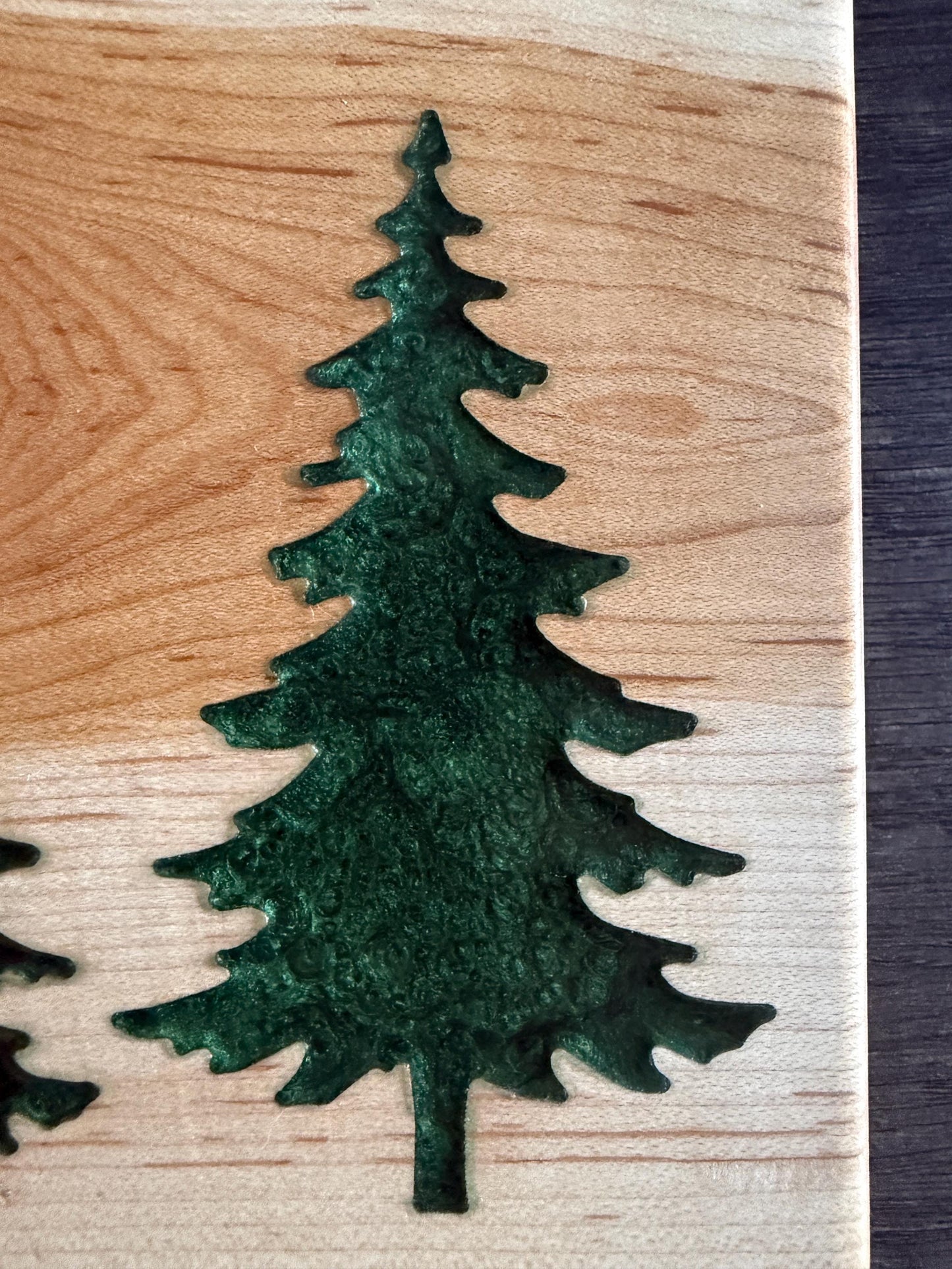 Handmade Walnut and Hickory Charcuterie Board – Green Epoxy Evergreen Tree Inlay
