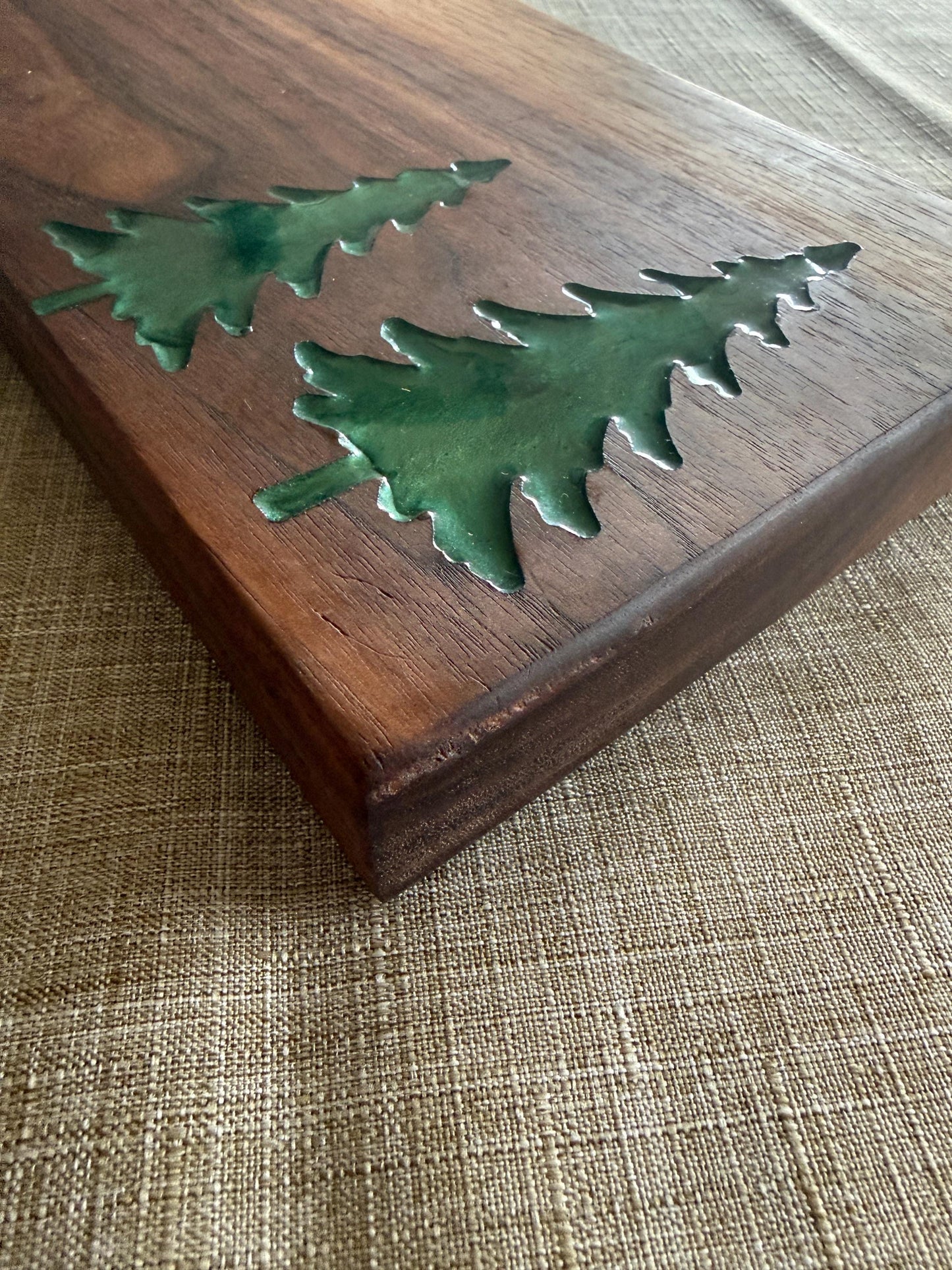 Walnut Resin Charcuterie Board – Handcrafted Serving Tray with Evergreen Inlays