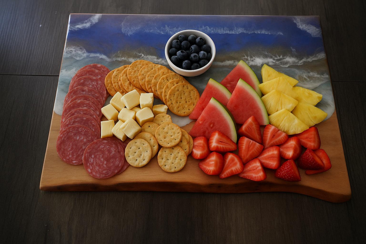 Handcrafted Walnut Charcuterie Board with Ocean Waves Resin Design - Live Edge