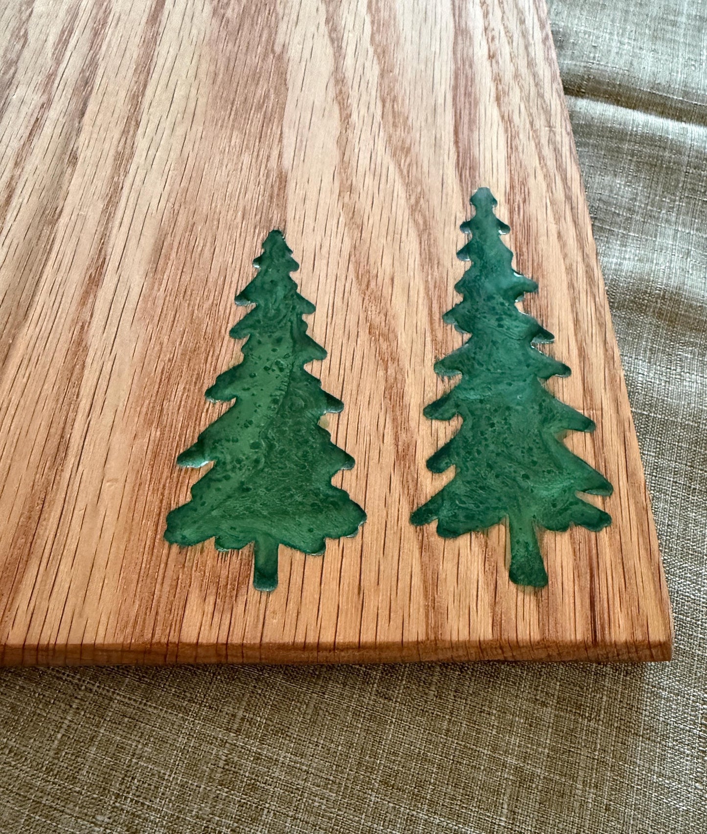Handmade Red Oak Charcuterie Board – Green Epoxy Evergreen Tree Inlay