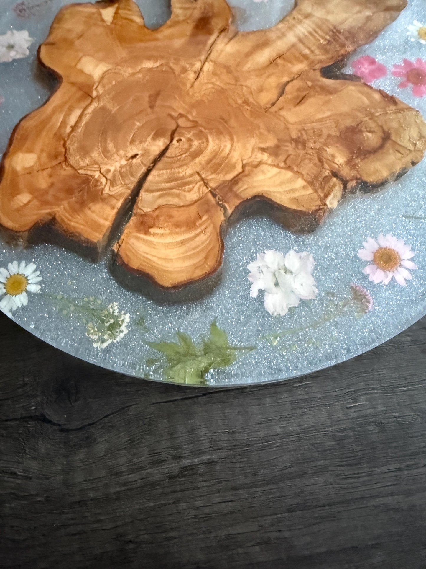 Handmade Charcuterie Platter featuring Olive Wood and Pressed Flowers