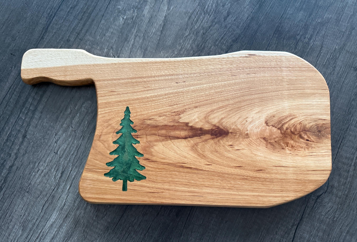 Handmade Hickory Charcuterie Board – Green Epoxy Pine Tree Inlay