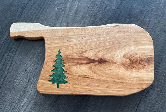 Handmade Hickory Charcuterie Board – Green Epoxy Pine Tree Inlay