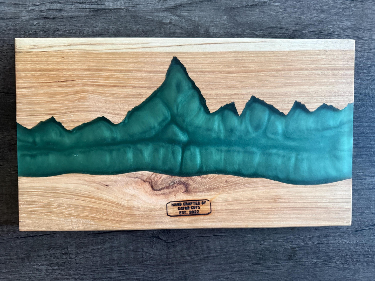 Handmade Hickory Mountain Charcuterie Board: Green Epoxy Resin, Rustic Wood