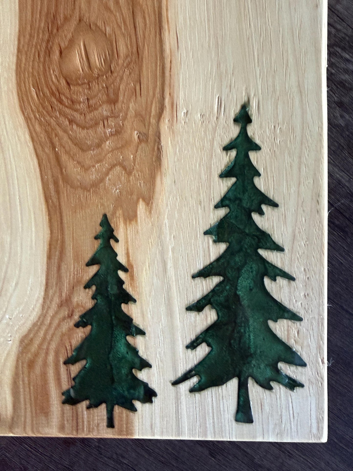 Handmade Hickory Charcuterie Board – Green Epoxy Evergreen Tree Inlay