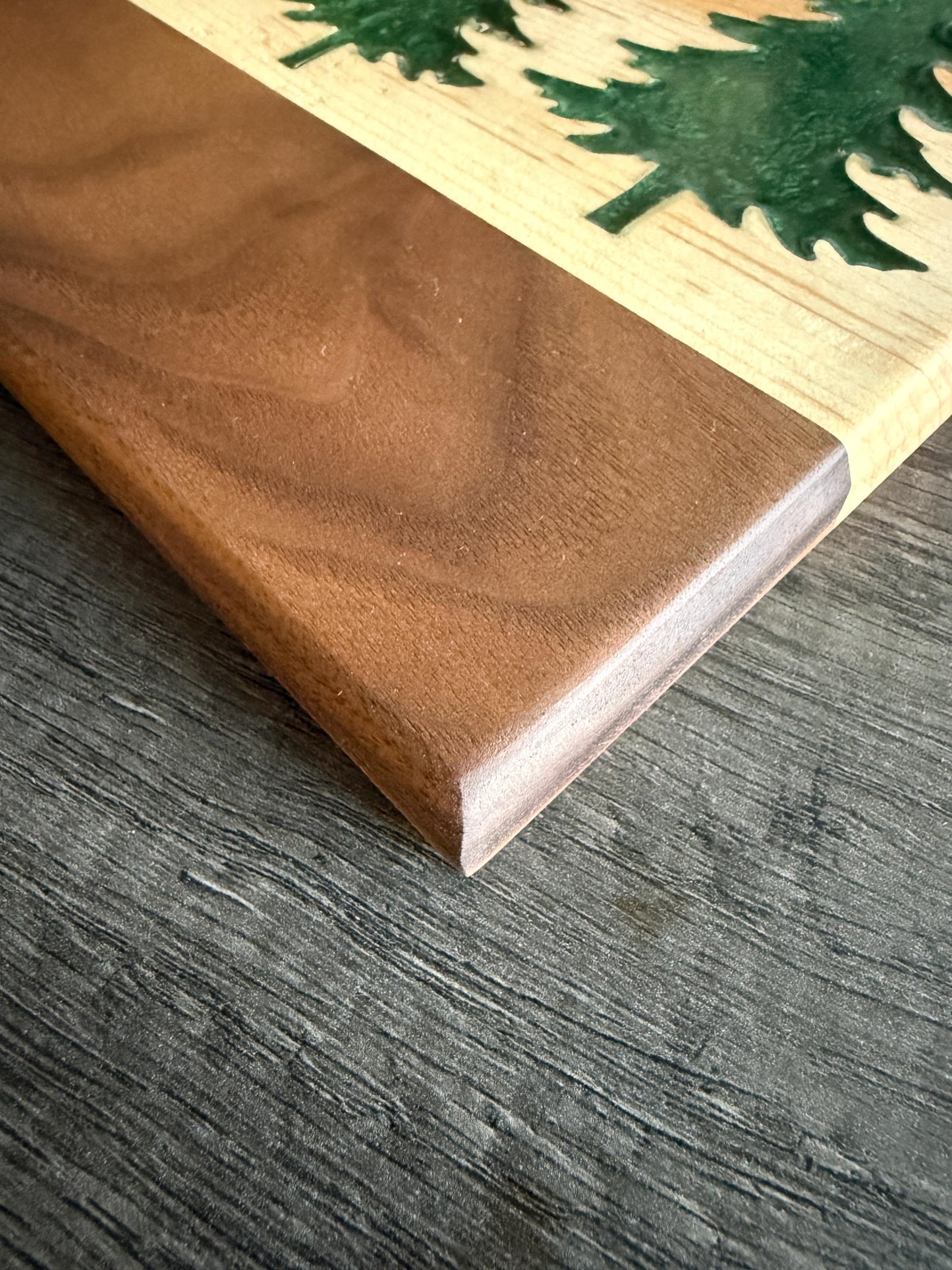 Handmade Walnut and Hickory Charcuterie Board – Green Epoxy Evergreen Tree Inlay