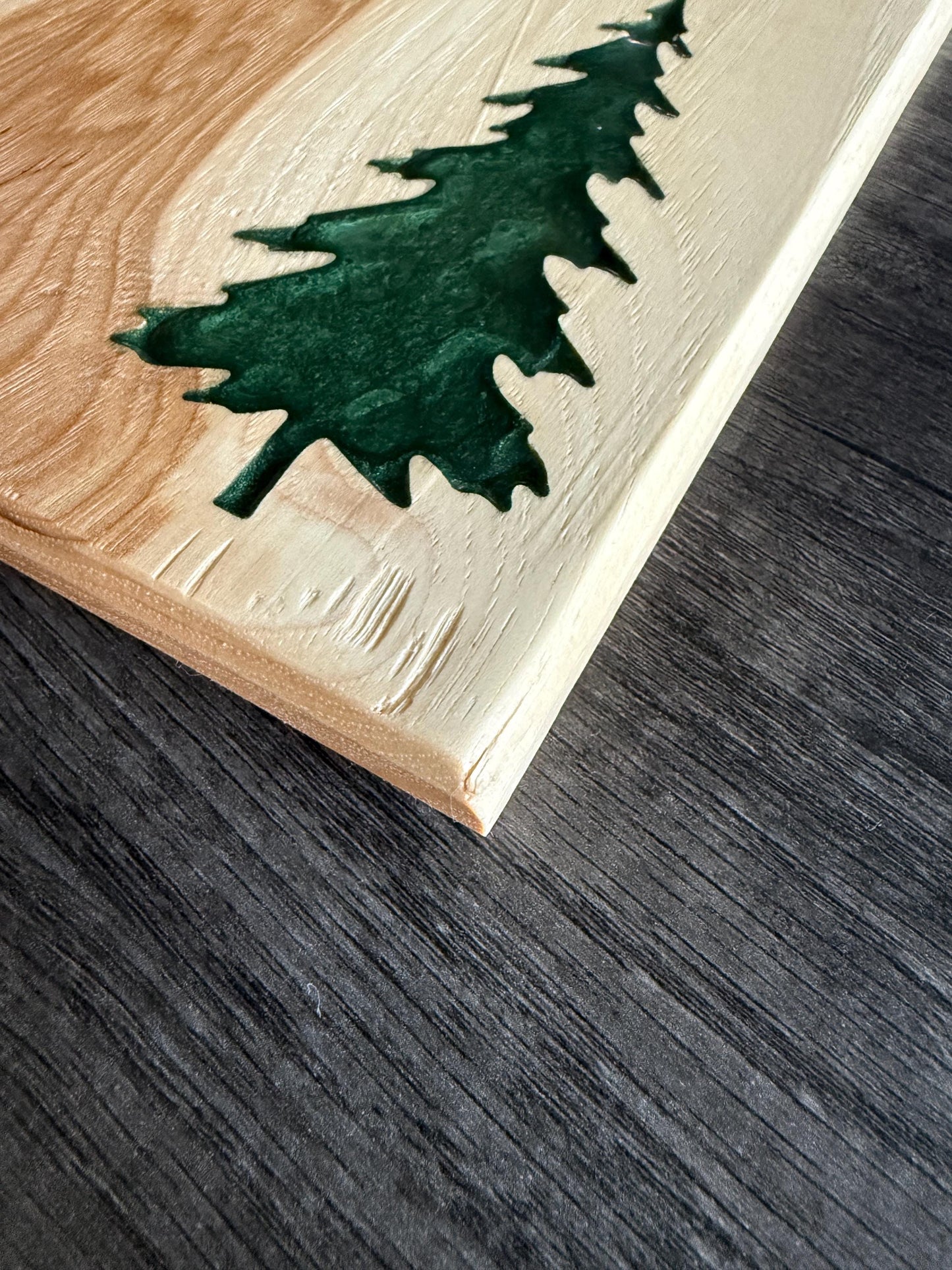 Handmade Hickory Charcuterie Board – Green Epoxy Evergreen Tree Inlay