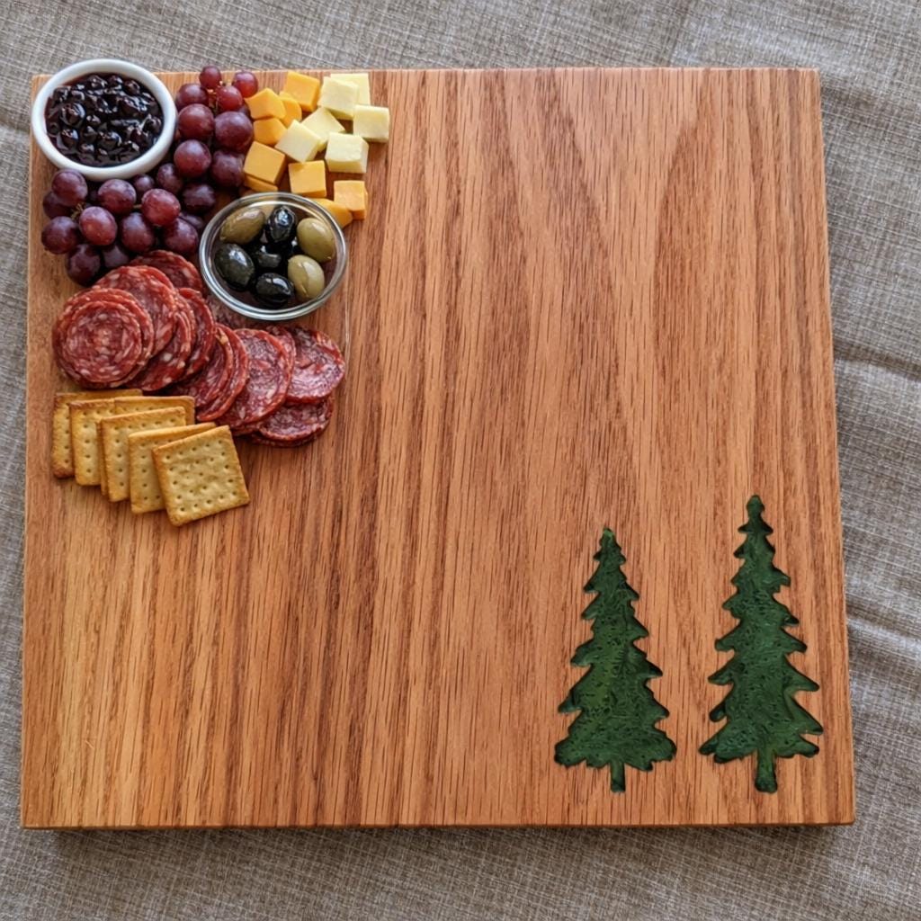 Handmade Red Oak Charcuterie Board – Green Epoxy Evergreen Tree Inlay