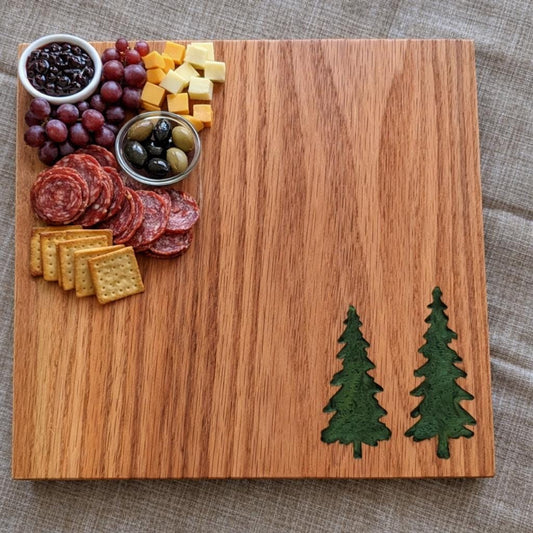 Handmade Red Oak Charcuterie Board – Green Epoxy Evergreen Tree Inlay