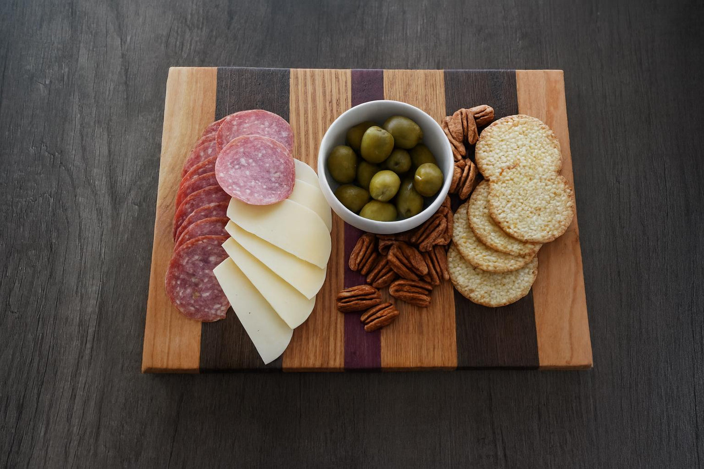 Handcrafted Cutting Board with White Oak, Cherry & Purpleheart | Charcuterie Serving Tray, Cheese Platter