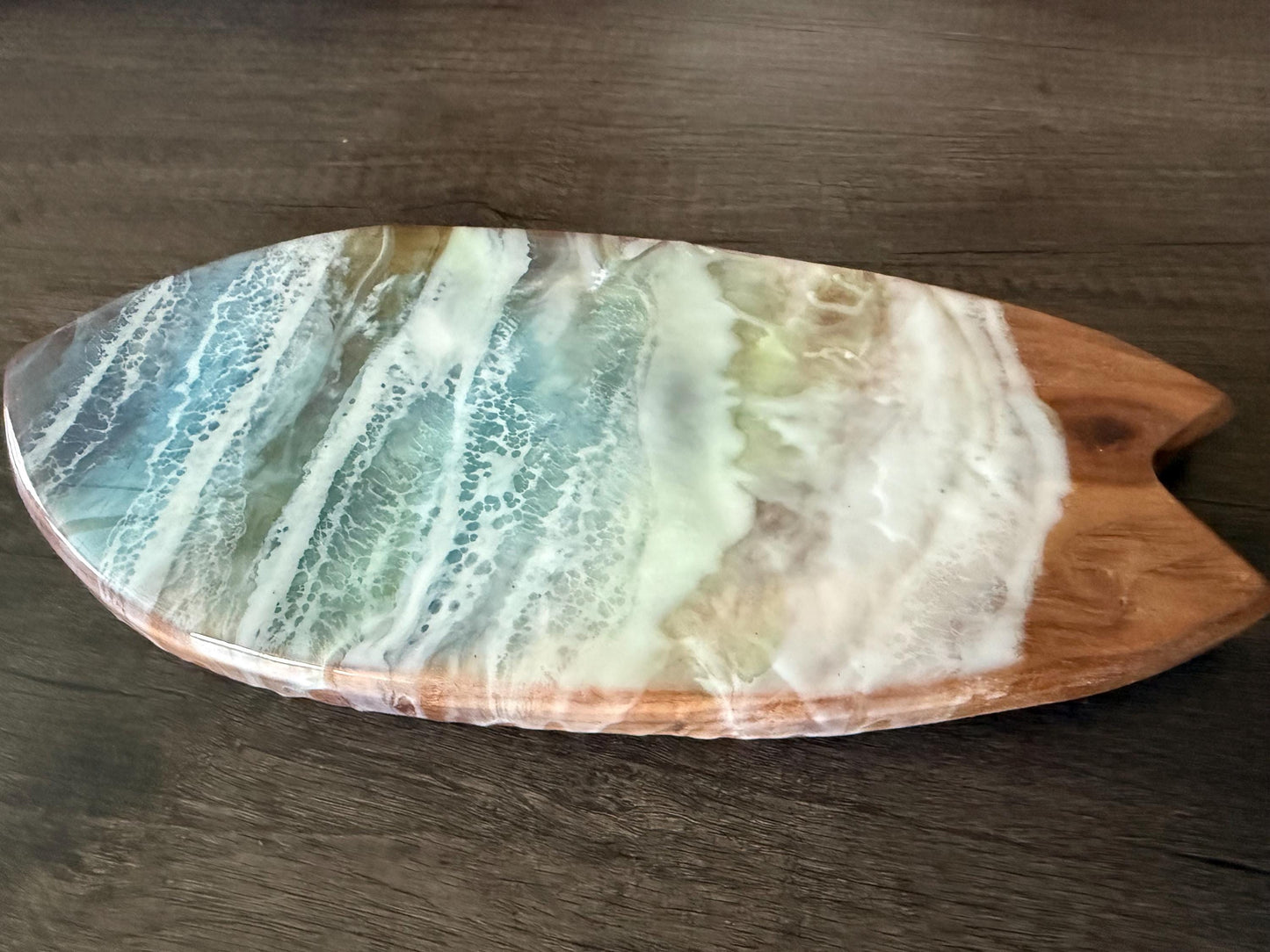 Surfboard Charcuterie Board with Ocean Resin Waves | Handmade Beach House Decor
