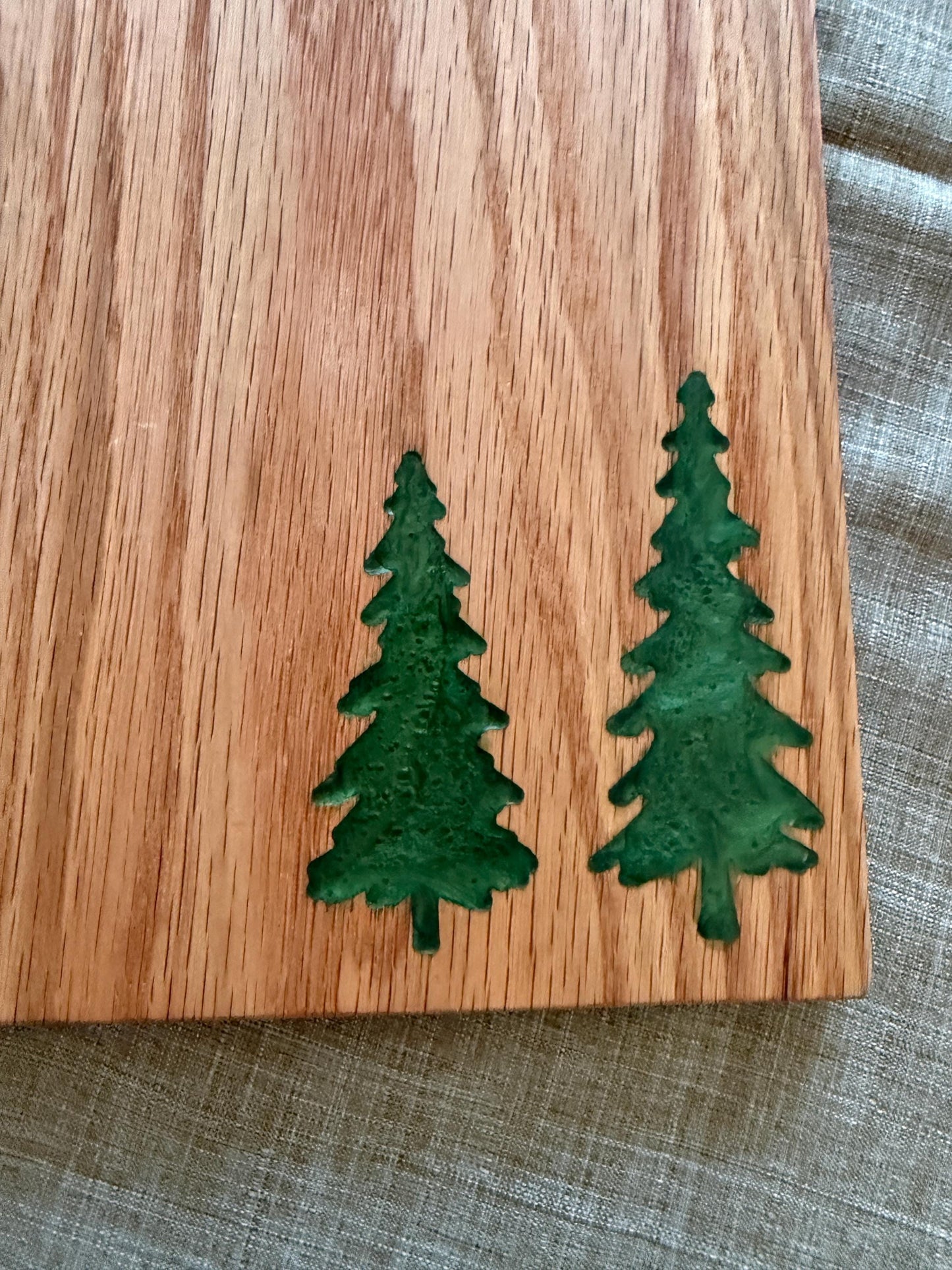 Handmade Red Oak Charcuterie Board – Green Epoxy Evergreen Tree Inlay