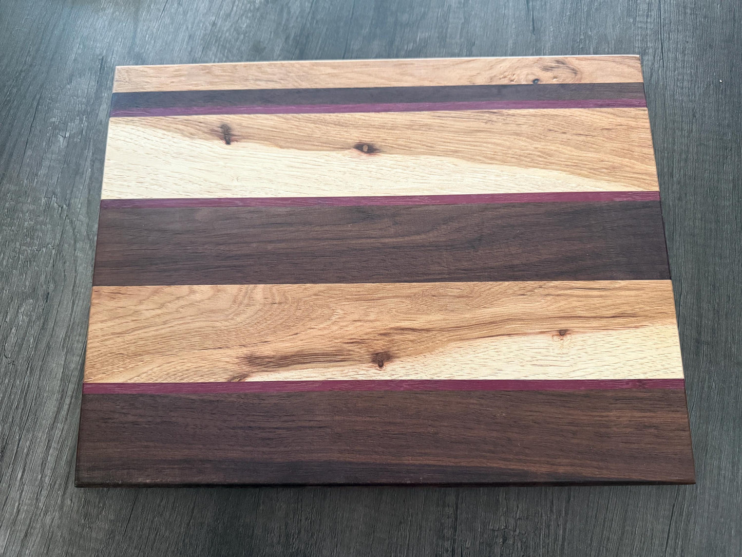 Handcrafted Cutting Board Hickory, Wenge, and Purpleheart Woods